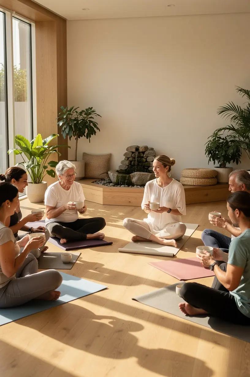 Moteris meditacijoje su arbatos puodeliu rankoje, skatinanti kasdienį gerovės įprotį.