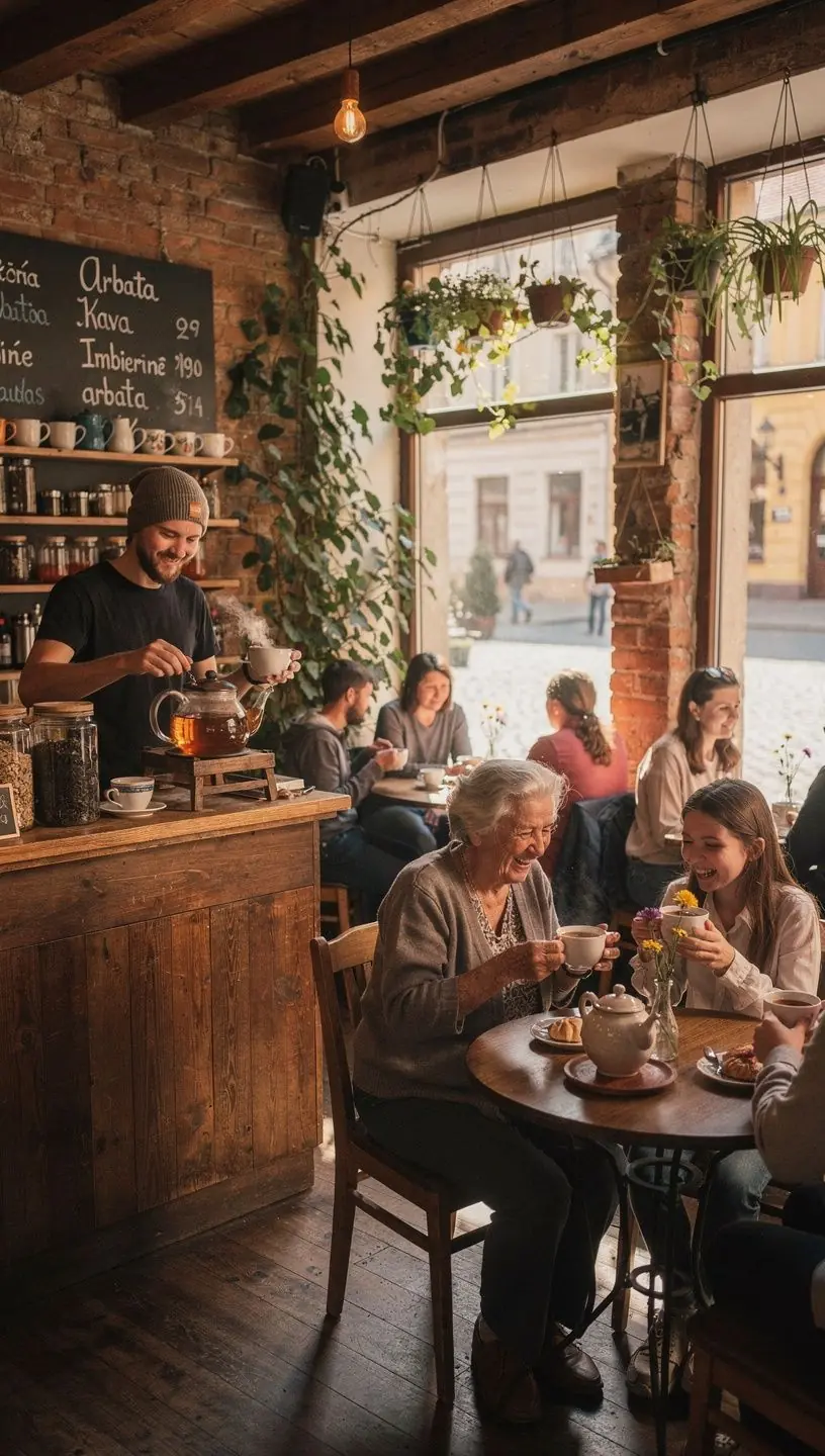 Rytinė arbatos ceremonija su natūralia šviesa ir rami atmosfera.